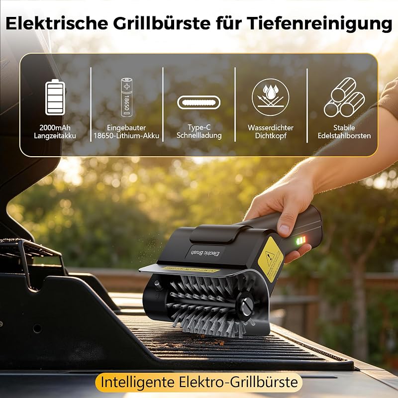 Spazzola elettrica per barbecue all'aperto, ricaricabile, 1100 giri/min, durata di 100 minuti, spazzola di ricambio inclusa, sicura per tutti i barbecue, regalo per uomini