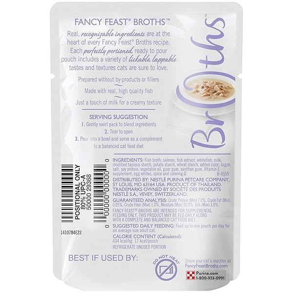PURINA FANCY FEAST BROTHS WITH WILD SALMON & WHITEFISH, 1.4 OZ, GRAIN FREE WET CAT FOOD TOPPERS