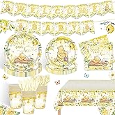 122PCS Classic Bear Party Supplies Spring Baby Shower Party Decorations for Kids Boys Girls Birthday Winnie Bear Plates Napkins Cups Tablecloths Banners Tableware Set for 20 Guests