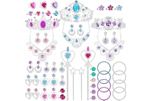 NINAOR 56 Pack Princess Jewelry for Girls Princess Dress Up Accessories Kids Play Jewelry for Girls Included Crown Wand Necklace Bracelet Rings Earrings Great as Princess Party Decoration