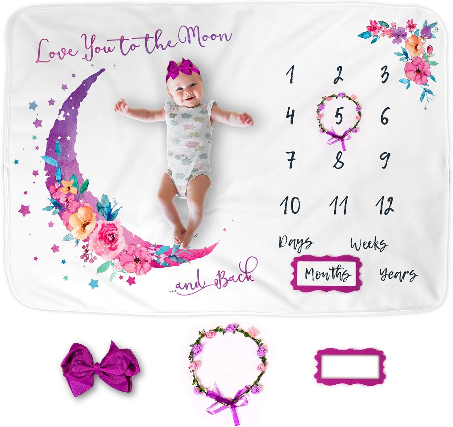 Luka&Lily Baby Monthly Milestone Blanket Girl, Memory Blanket for Newborn Baby Shower, Month and Age Blanket for Baby Nursery, Baby Growth Chart Blanket, Includes Headband, Wreath and Frame 60"x40": Kitchen & Dining