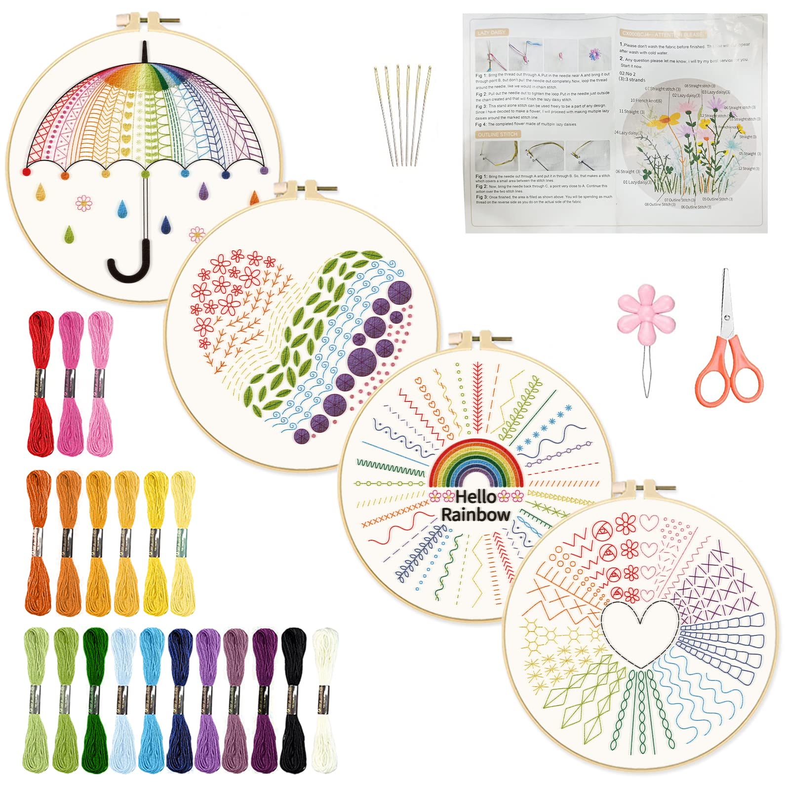 INFUNLY 4 Set Rainbow Stitches Embroidery Kit for Adults Umbrella Heart Cross Stitch Kits for Beginners Stamped Embroidery Kit with Instructions, 2 Embroidery Hoops, Needles, Threads for DIY Craft — image 1