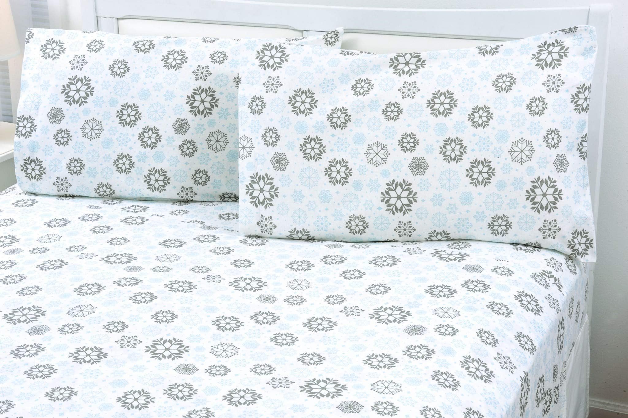 MellanniCotton Flannel Sheets Set - Double Brushed for Extra Softness & Comfort Sheets Set - Deep Pocket Fitted Sheet up to 16 inch - 3 PC Set (Twin XL, Blue, Gray Snowflakes)