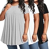 Evervibe 3 Pack Women's Plus Size Tunic Top Short Sleeve Long Shirts Summer Loose Fit Flowy Blouse Wear with Leggings