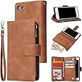 UEEBAI Wallet Case for iPhone SE 2022 5G/iPhone 7/iPhone 8/iPhone SE 2020, Premium PU Leather Magnetic Handbag Zipper Pocket Card Slots with Wrist Strap Flip Case for iPhone SE3/SE2 - Brown