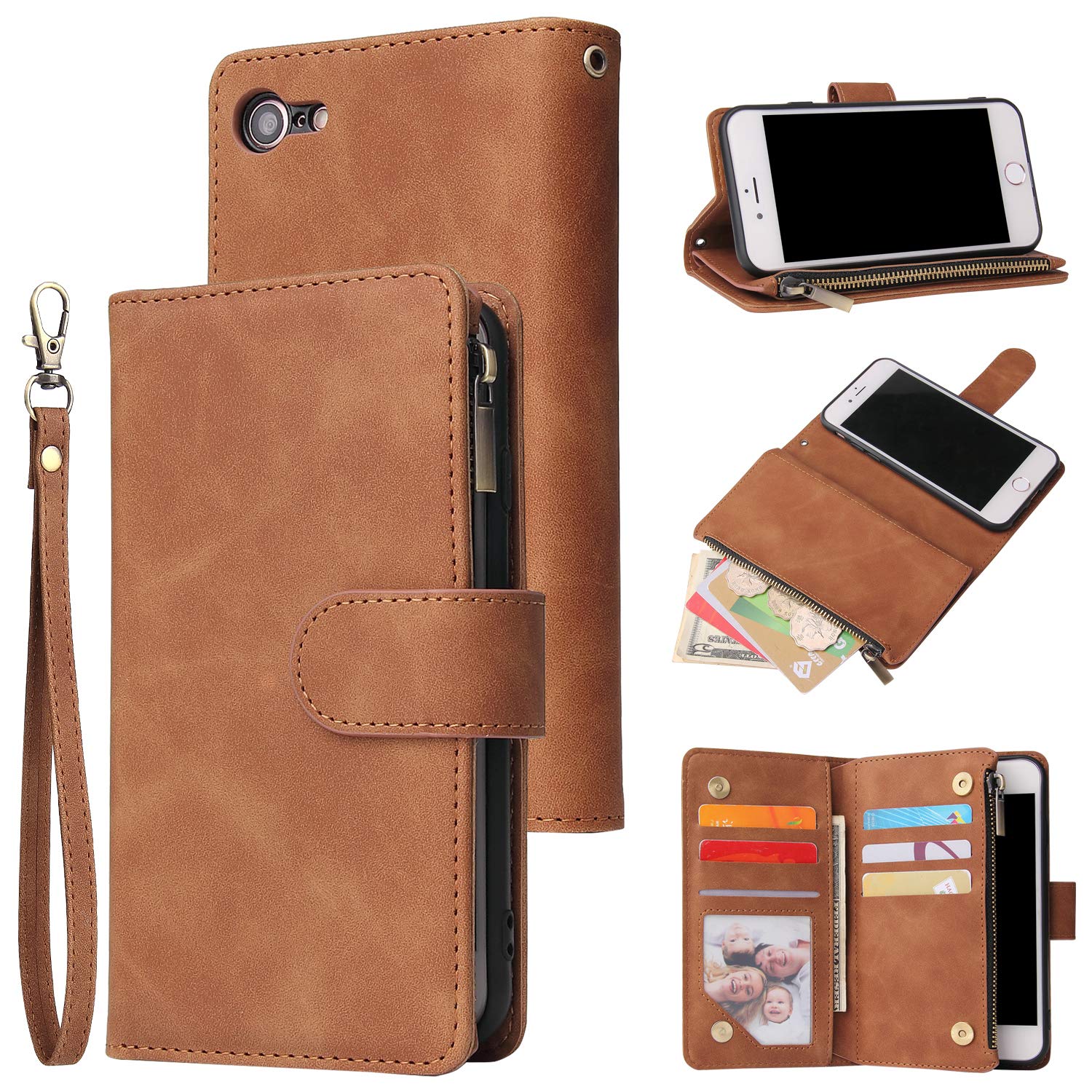 UEEBAI Wallet Case for iPhone 7/8/SE 2022 5G/SE 2020, Premium PU Leather Magnetic Handbag Zipper Case Kickstand Card Slots Wrist Strap Flip Cover for iPhone SE3/SE2 - Brown
