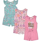 BTween Girls 3 Pack Romper Set Cute Comfy Sleeveless Summer Jumpsuits for Kids Floral, Striped Solid Designs (4-16)