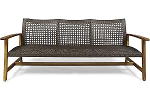 Great Deal Furniture Marcia Outdoor Wood and Wicker Sofa, Natural Finish with Mix Mocha Wicker