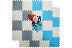 Tamiplay Foam Floor Mats for Kids, 12 x 12 Inch 16 Tiles 0.4" thickness Foam Play Mat, Non-Toxic Square Interlocking Floor Mats Rubber Baby Play Mat for Toddlers(White/Gray/Light Blue)