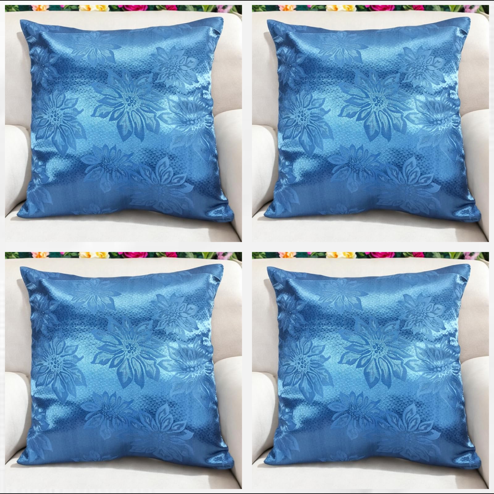 Seechoo Floral Flower Cushion Covers, Set of 4, 40x40cm, Assorted Colours (Blue Big Rose)