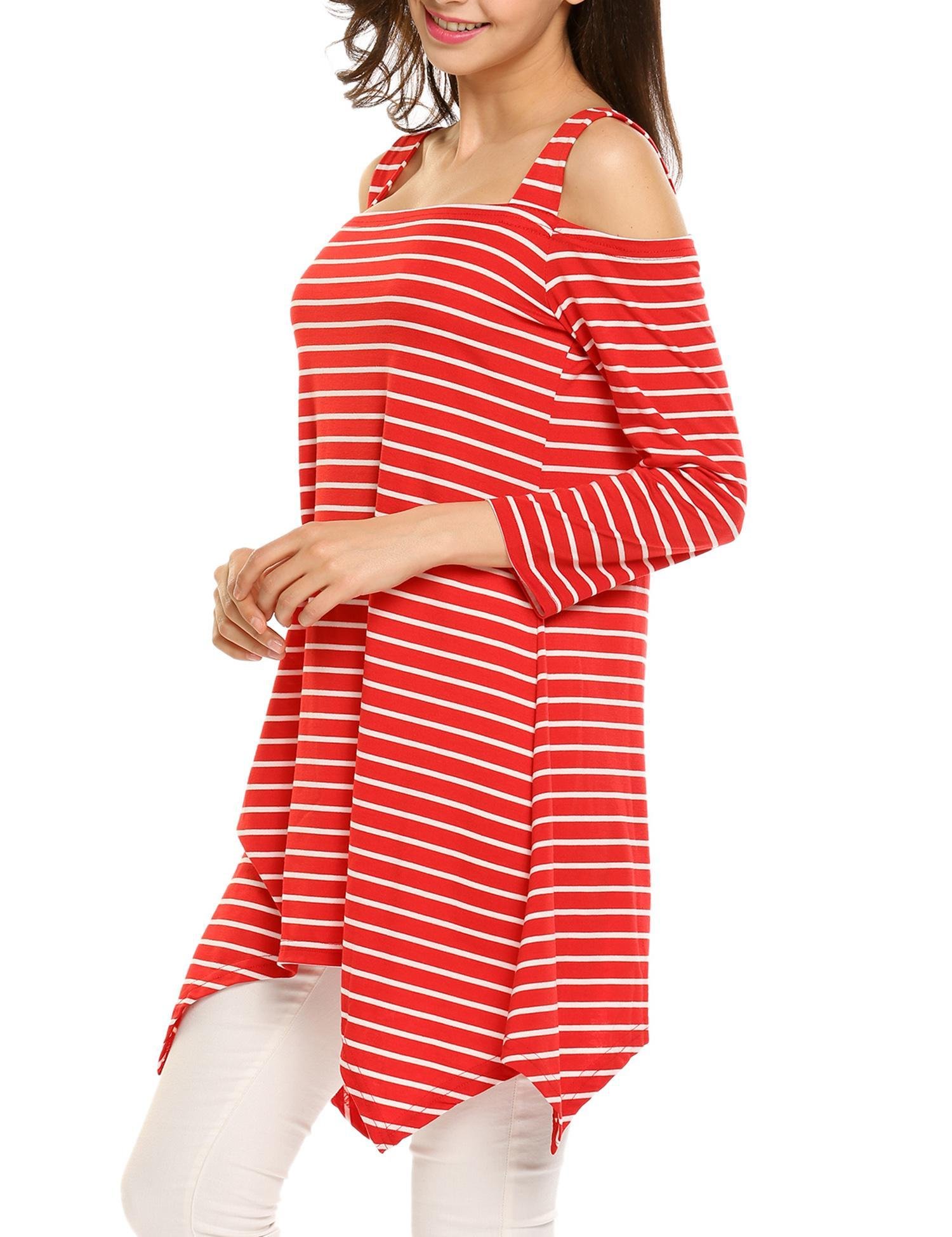 Women Off the Shoulder Swing Tunic Striped Loose Fit A line T-Shirt Dress Red/M