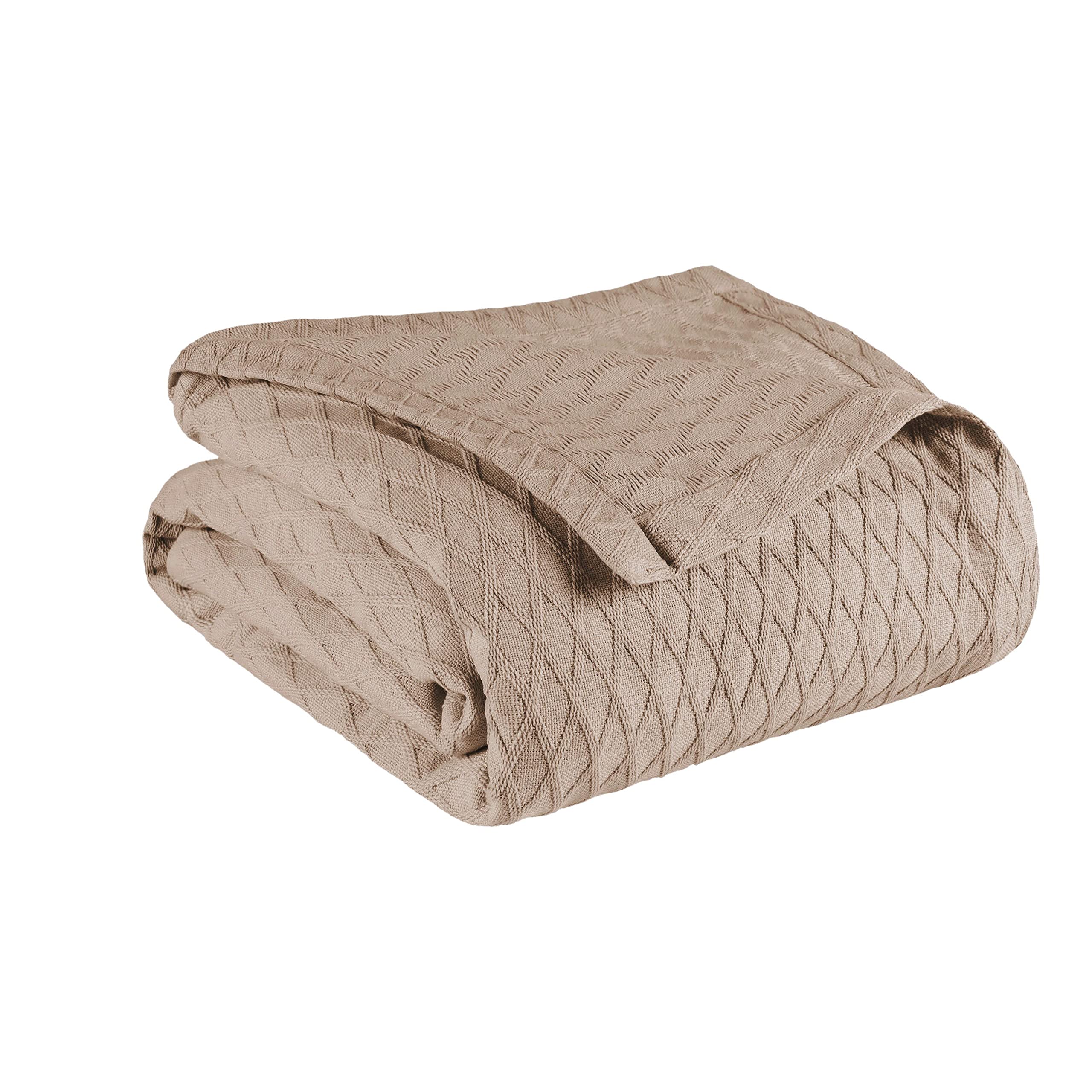 Superior Diamond Weave Blanket, 100% Cotton Cover for Home, Couch, Bed, Soft, Warm Blankets, Boho Aesthetic, Comfy, Cozy, and Cute Covers, Decorative Bedding Essentials, Full/Queen, Khaki — image 1