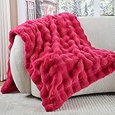 Krifey Hot Pink Bubble Blanket for Women, Soft Cloud Touch Bed Throw, Cozy Fuzzy Plush Thick Warm Blanket, Faux Rabbit Fleece, Christmas Birthday Gifts for her Girls Mom, Dorm Room Decor, 50x60in