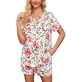 ENJOYNIGHT Womens Pajama Set Cotton Summer Pj Shorts Button Down Sleepwear with Pockets