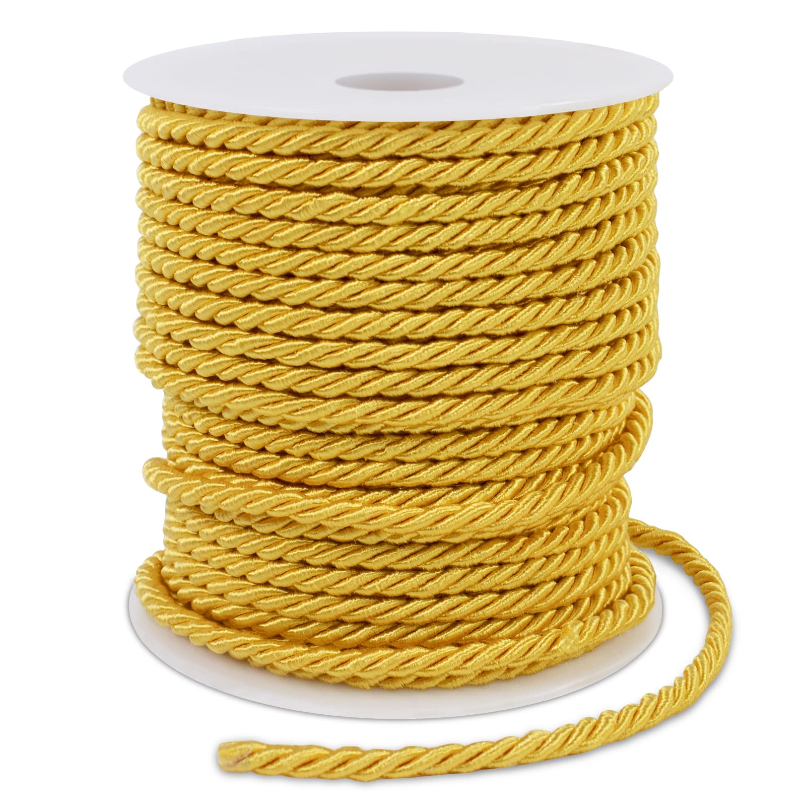 LEREATI Golden Yellow Twisted Cord Rope 3mm x 25m, 3-Ply Soft Polyester Satin Cord Trim, Decorative Twisted Macrame Rope for DIY Craft Curtain Tieback Honor-cord Gift Bags Home Decor