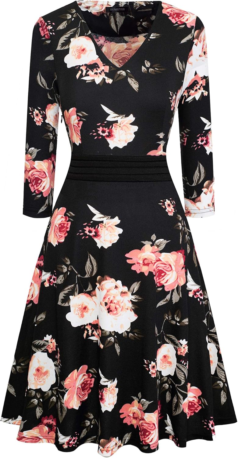 HOMEYEE Women's Chic V-Neck Lace Patchwork Flare Party Dress A062: Clothing