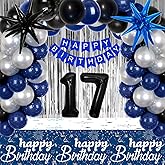 17th Birthday Decorations for Boys Girls, Blue Silver Happy 17th Birthday Decorations with 17th HAPPY BIRTHDAY Banner Tablecloth Garland Balloons Fringe Curtain, 17 Year Old Boy Party Decor Supplies