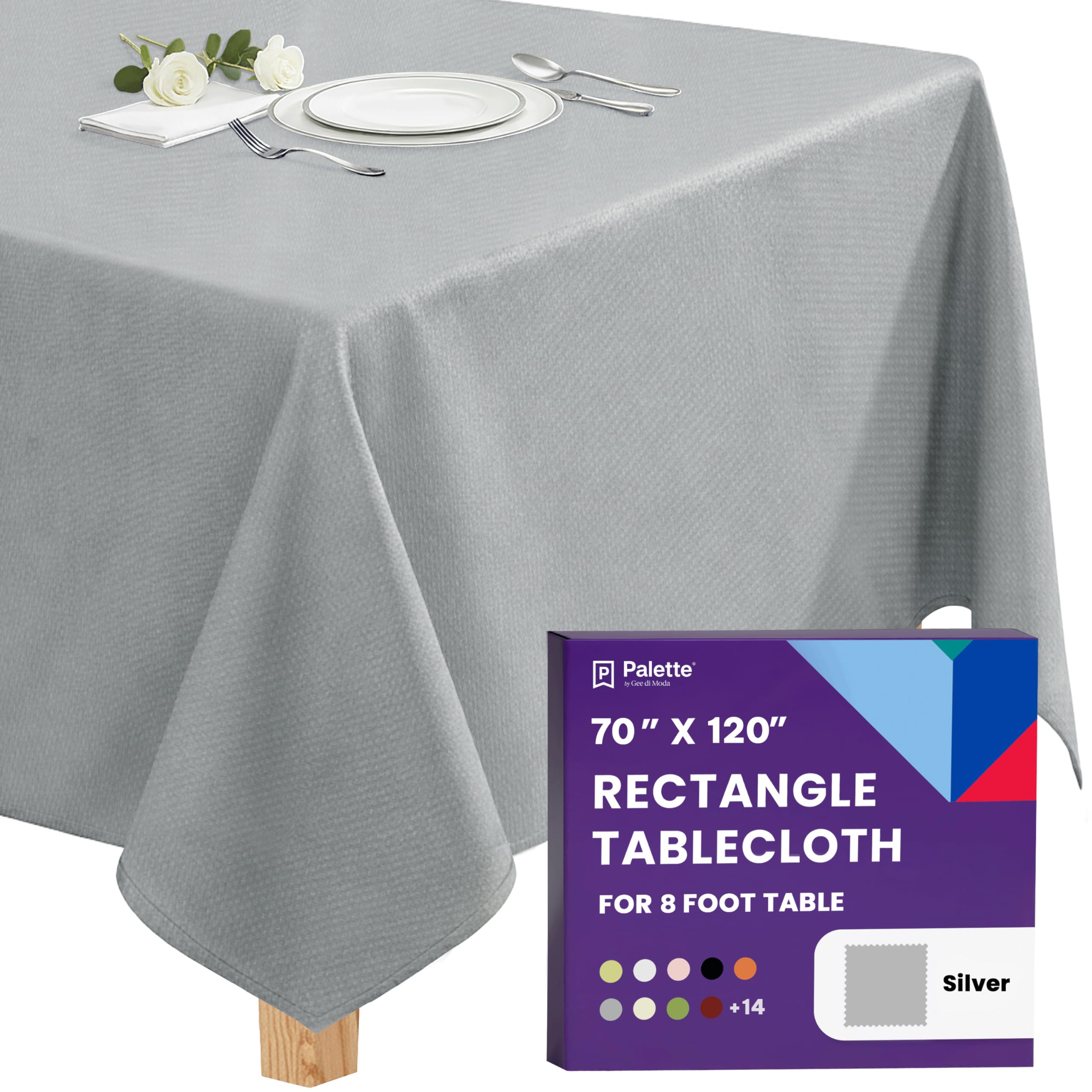 Gee Di Moda Rectangle Tablecloth - 70 x 120 Inch Silver Table Cloth for 6 or 8 Foot Rectangle Table - Heavy Duty Washable Fabric - for Buffet, Holiday, Dinner, Wedding & Baby Shower