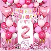 Adorely 2nd Birthday Decorations for Girls, Hot Pink Balloons with Happy Birthday Banner, Fringe Curtain, Cake Topper, Glue, Ribbon