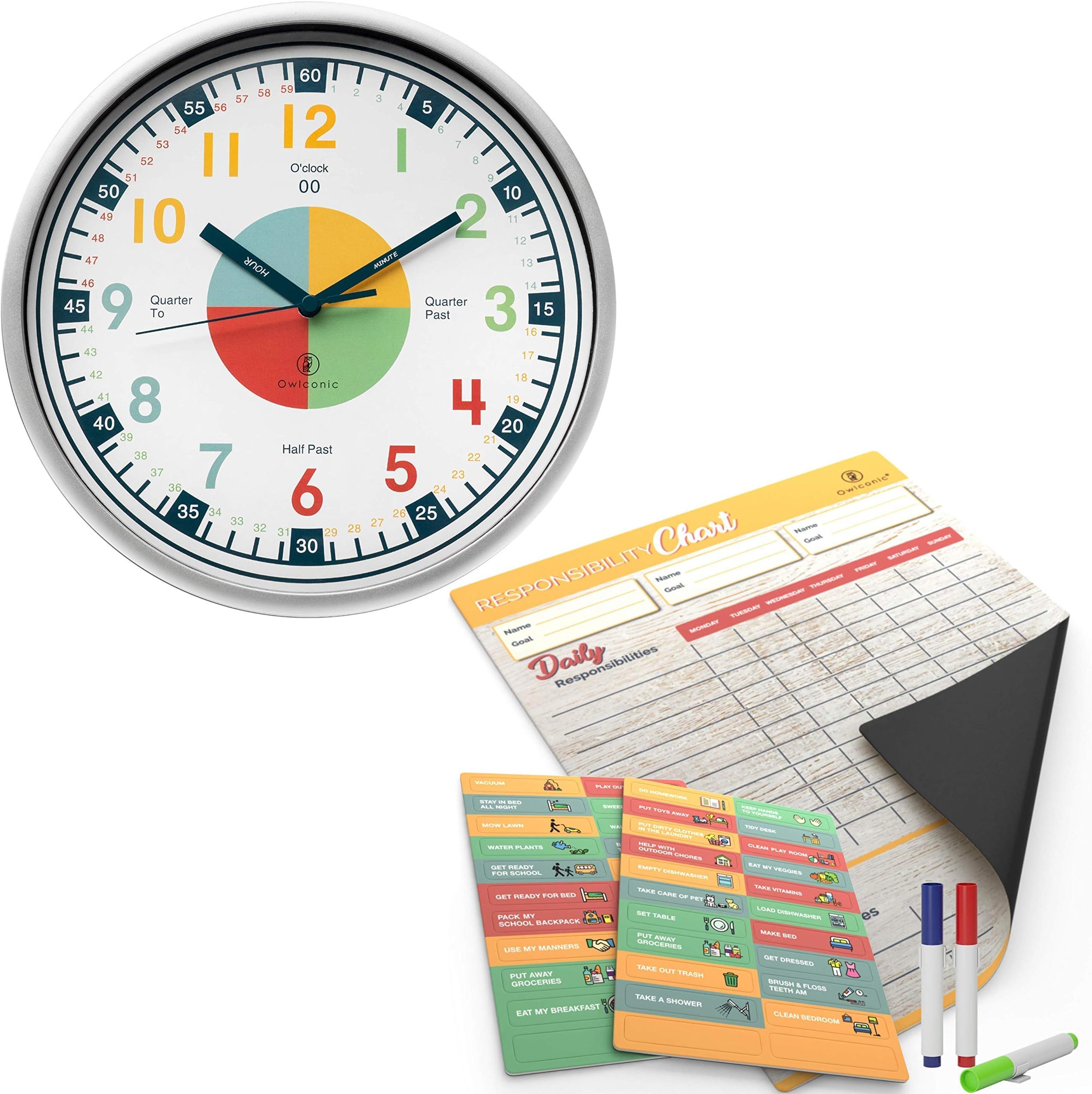 OWLCONIC Telling Time Teaching Clock and Magnetic Reward Chore Chart – Building Kids Confidence to Understand Time & Responsibility, Increasing Parents Nag Free Time.