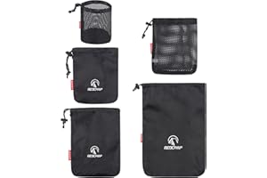 REDCAMP 5PCS Small Ditty Bags Set for Backpacking, Ultralight Nylon Mesh Drawstring Stuff Sack Assortment Storage Pouch Bags for Outdoor Camping Indoor Home, Black Red Green Grey Orange