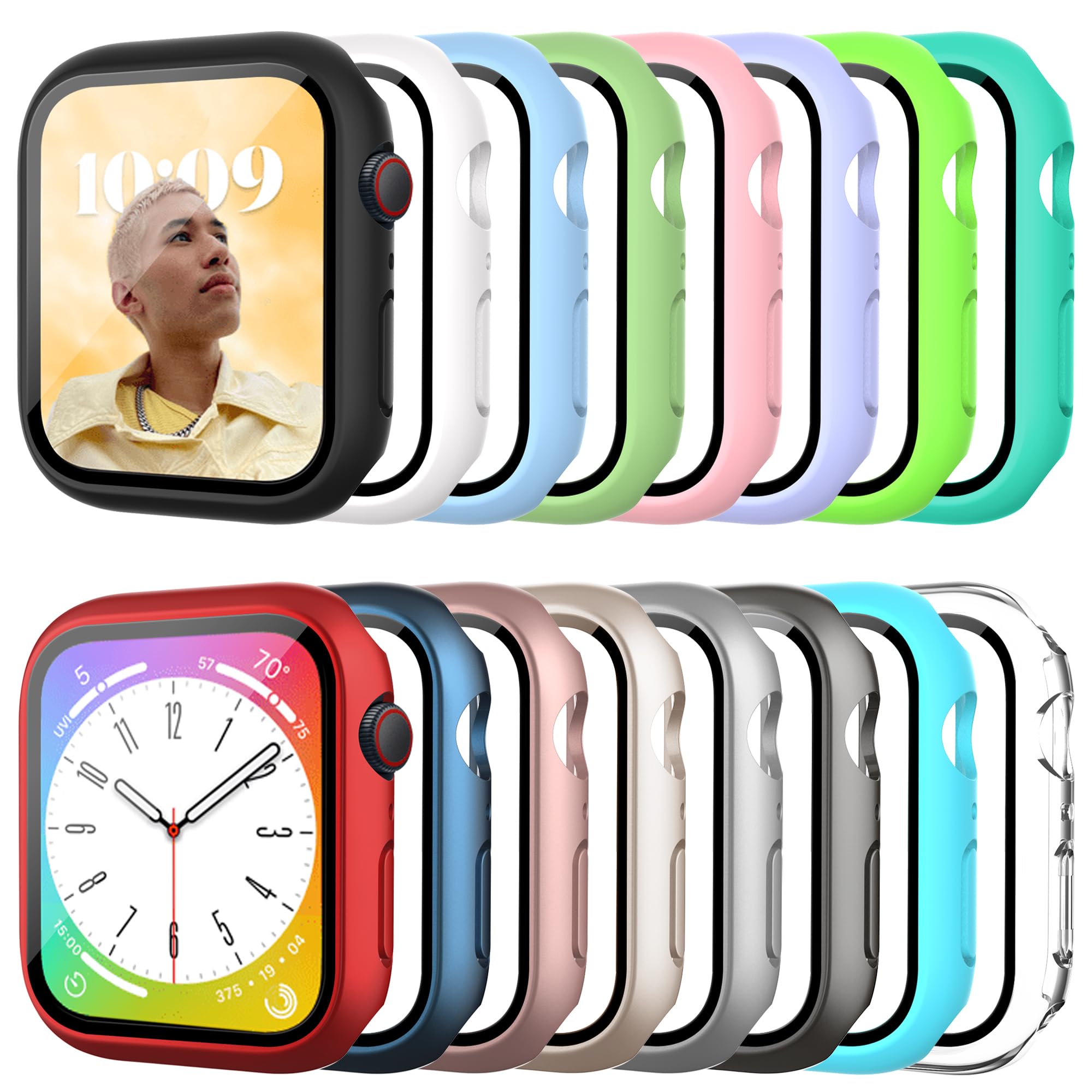 Bougraite 16 Pack Case for Apple Watch Series 9/8/7 45mm with Tempered Glass Screen Protector, Shockproof Hard PC Scratch Resistant Bumper Protective Cover Compatible with iWatch 45mm Accessories