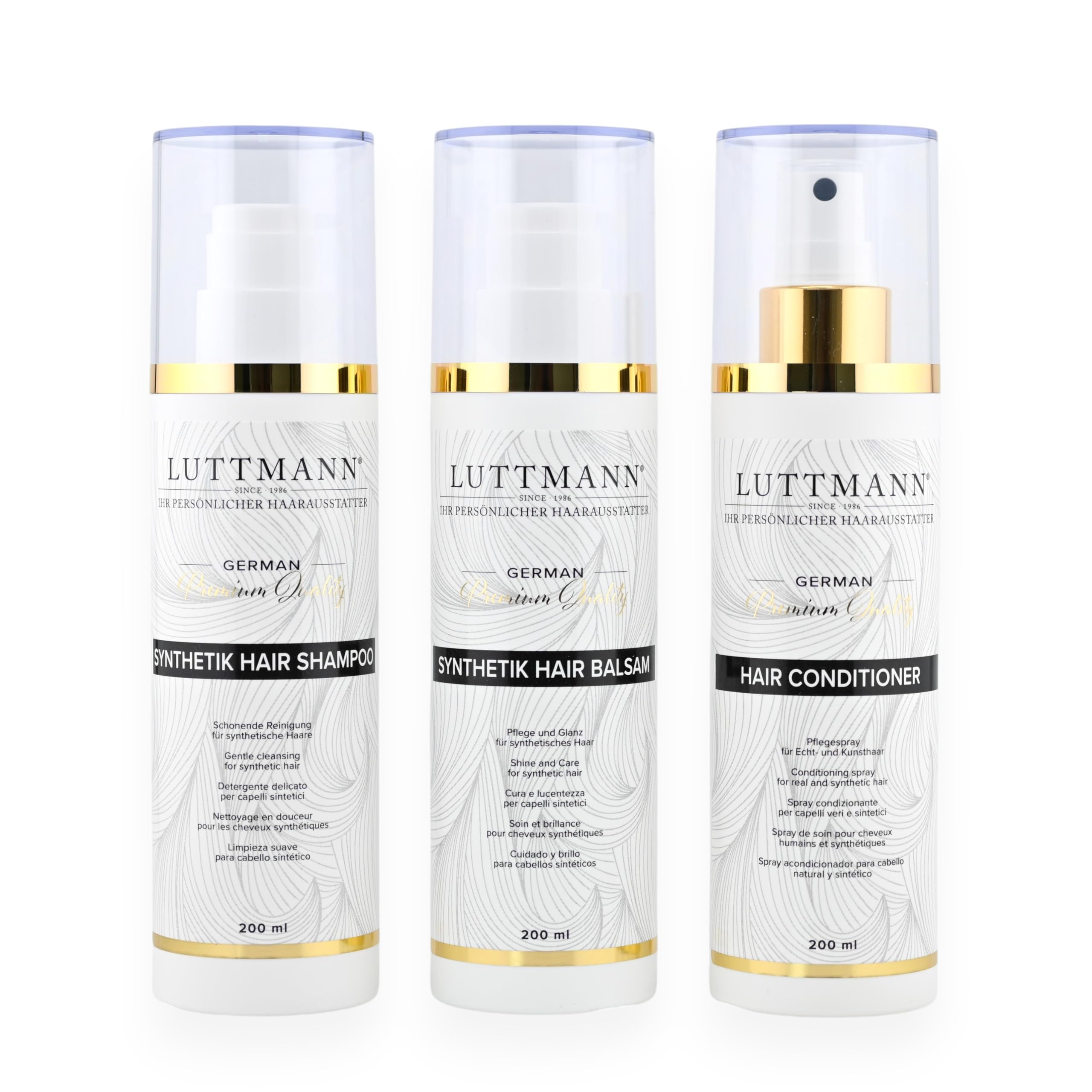 LUTTMANN® Synthetic Hair Care Set - Wigs Shampoo, Balm & Conditioner 200 ml Each - Gentle Cleaning for Synthetic Hair & Wigs