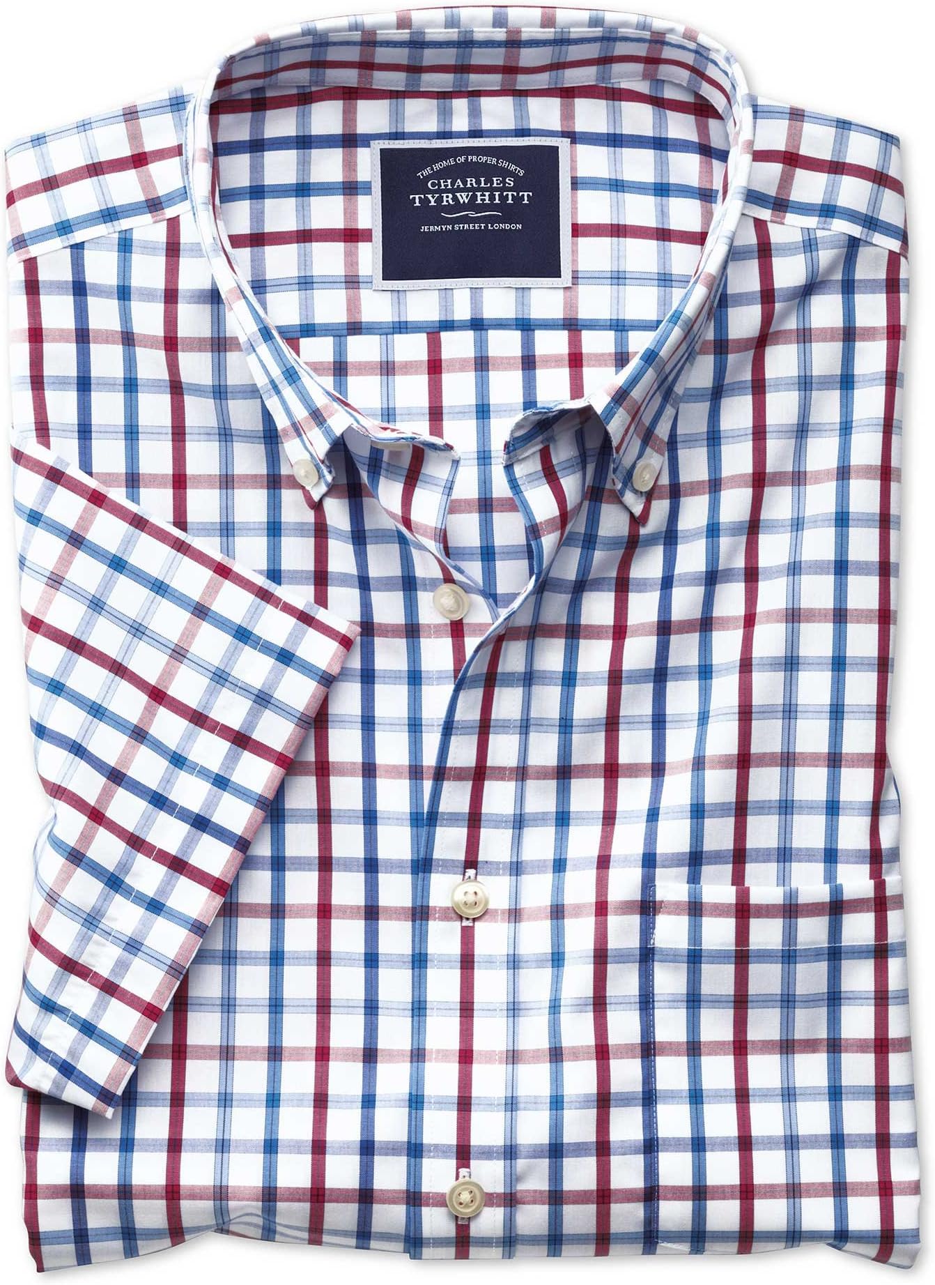Charles Tyrwhitt Slim Fit Button-Down Non-Iron Poplin Short Sleeve Red Multi Check Cotton Shirt Single Cuff