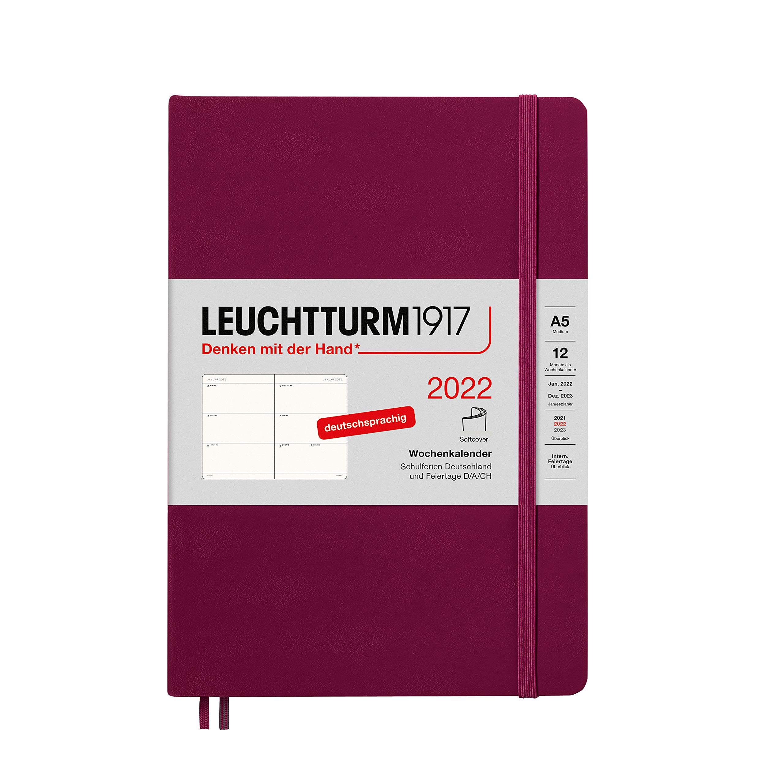 LEUCHTTURM1917 363607 Weekly Calendar 2022 Softcover Medium (A5), 12 Months, Port Red, German
