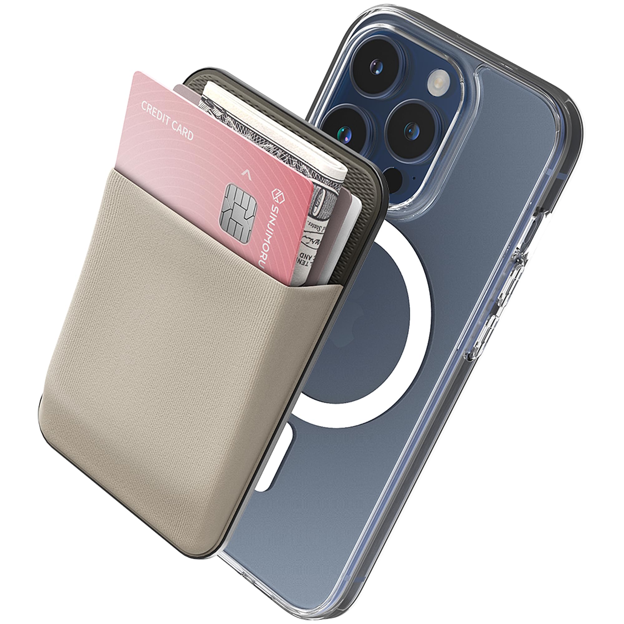 Sinjimoru for MagSafe Wallet, Strong Magnetic Wallet for iPhone 16 15 14 13 12, Stretchy Magnetic Card Holder for IDs, Cash, Keys, etc. M-Basic Grey
