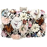 Women's Floral Evening Clutch Bag - Colorful Flower Handbag with Metal Rhinestones