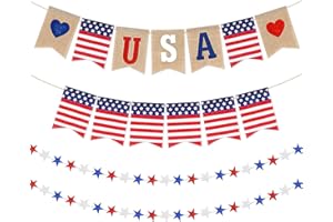 TATUO 4 Pieces Patriotic 4th of July String Pennant Banner Includes 2 USA American Flag Burlap Banner and 2 Red White Blue Star Garland for Independence Memorial Labor Day Holiday Decorations