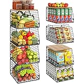 Jakyitvi 4 Pack Stackable Wire Baskets with Fixed Wooden Top, Vegetable Fruit Storage Bins for Onion Potato Snack, Pantry Baskets for Kitchen Cabinet Countertop, Pantry Organizers and Storage Rack