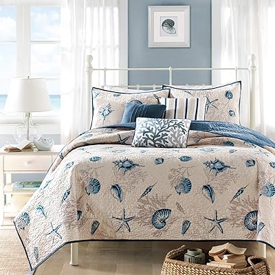 Madison Park Bayside Coverlet Set Blue Twin/Twin XL Coastal Print