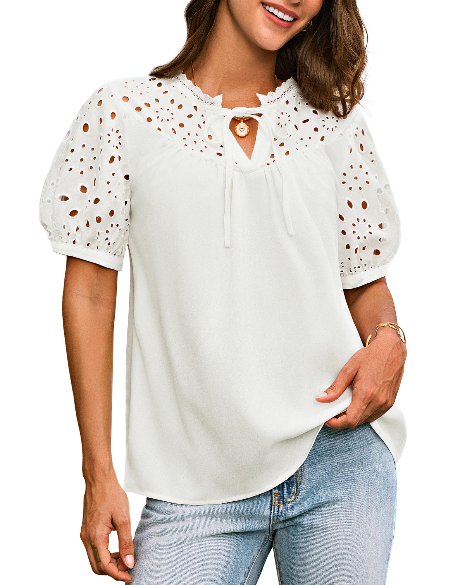 Photo 1 of Women's Tops Short Sleeve Drawstring Tops V Neck Puff Sleeve Hollow Out Dressy Casual Blouse White L