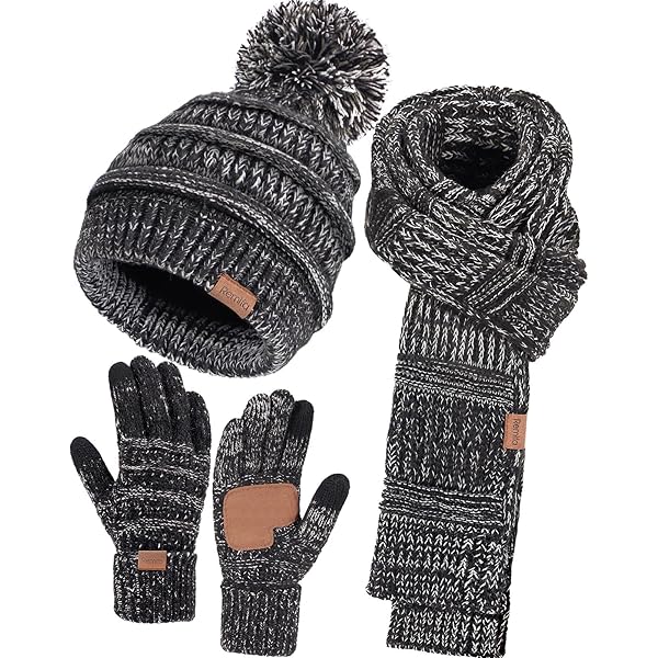 Womens Winter Beanie Hat Scarf Gloves Set, Cute Pom Pom Womens Winter Beanie Hat Scarf Gloves Set, Cute Pom Pom