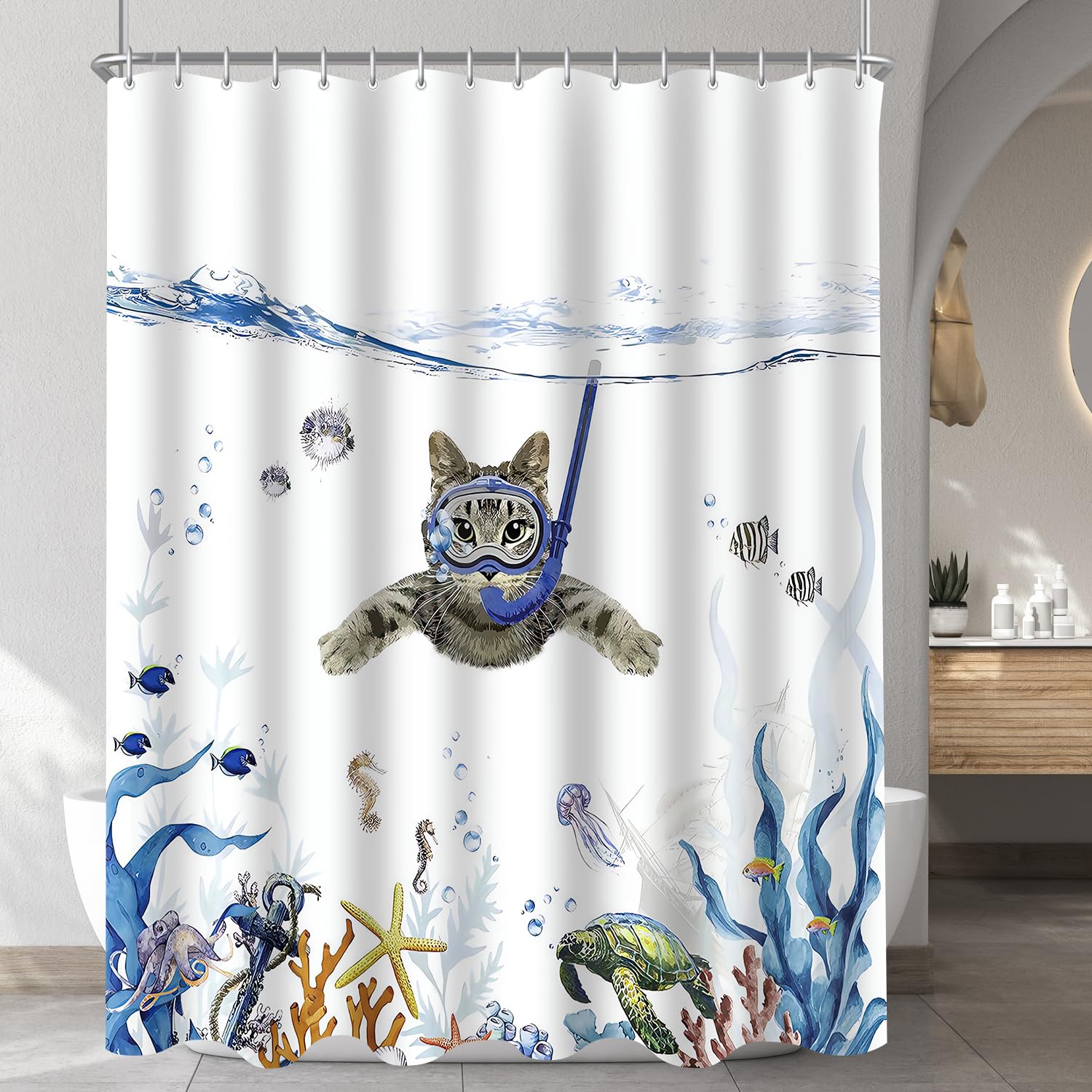 Lerores Shower Curtain 240 x 200 cm, Cat Swimming Anti-Mould Textile, Weighted Hem, Water-Repellent, Washable Polyester Fabric Bath Curtains 16 with Eyelets and Shower Curtain Rings for Bathroom,