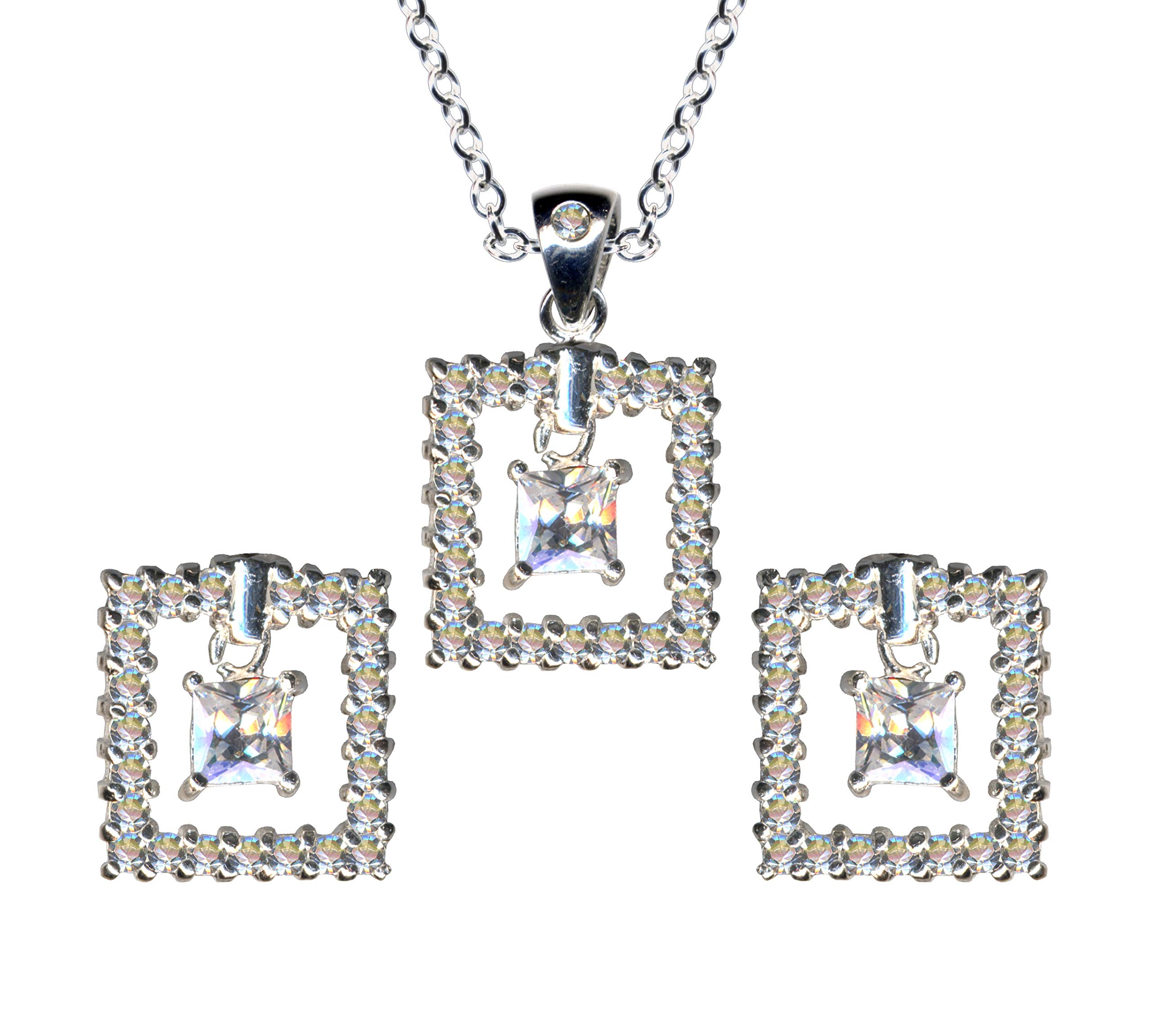 Jewellery Set Square Square Square Genuine 925 Sterling Silver Earrings + Chain + Pendant Necklace Silver Chain Silver Pendant Art Deco Stud Earrings Zirconia Crystals White Clear