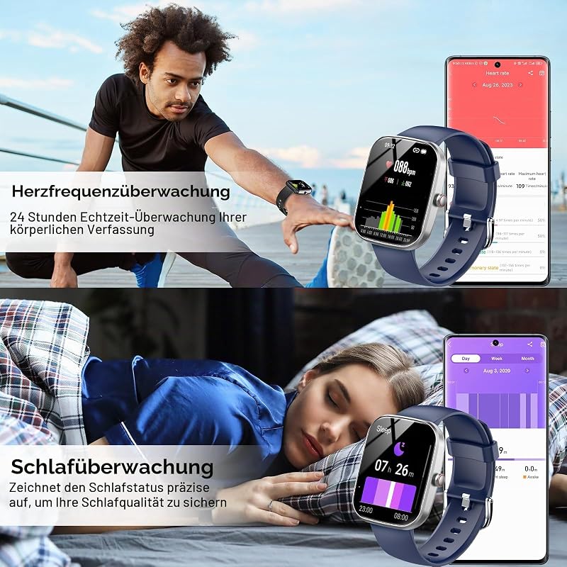 Smartwatch Damen Herren, 1,91" HD Touchscreen Smart Watch mit Telefonfunktion, 112+ Sportmodi Sportuhr, IP68 Wasserdicht Fitnessuhr mit Schrittzähler/Herzfrequenzmonitor/Schlafmonitor Stahlblau