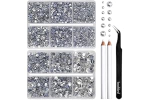 BEADSLAND Hotfix Rhinestones, 6080PCS Clear Rhinestones for Clothes Crafts Mixed 6 Sizes with Wax Pencil and Tweezers Kit, SS