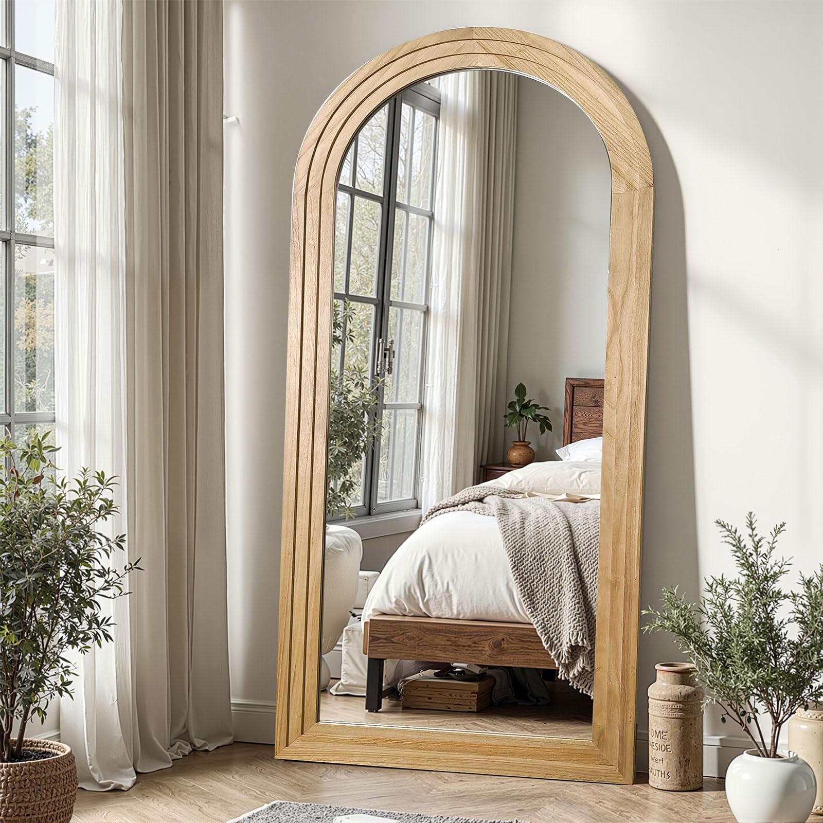 Photo 1 of *MINOR DAMAGE - USED*
Delma Arched Full Length Floor Mirror with Stand, 55x24 Rustic Farmhouse Solid Wood Frame Wall Mirror for Bedroom, Living Room, Vertical Hanging & Standing(Natural)