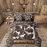 Feelyou Brown Western Aztec 7 Pieces Bedding Set King Size West Texas Star Comforter Set with Sheets for Kids Boys Girls Decor Wild Cowboy Cow Fur Printed Rustic Farm Bed in a Bag Soft Bedroom Decor