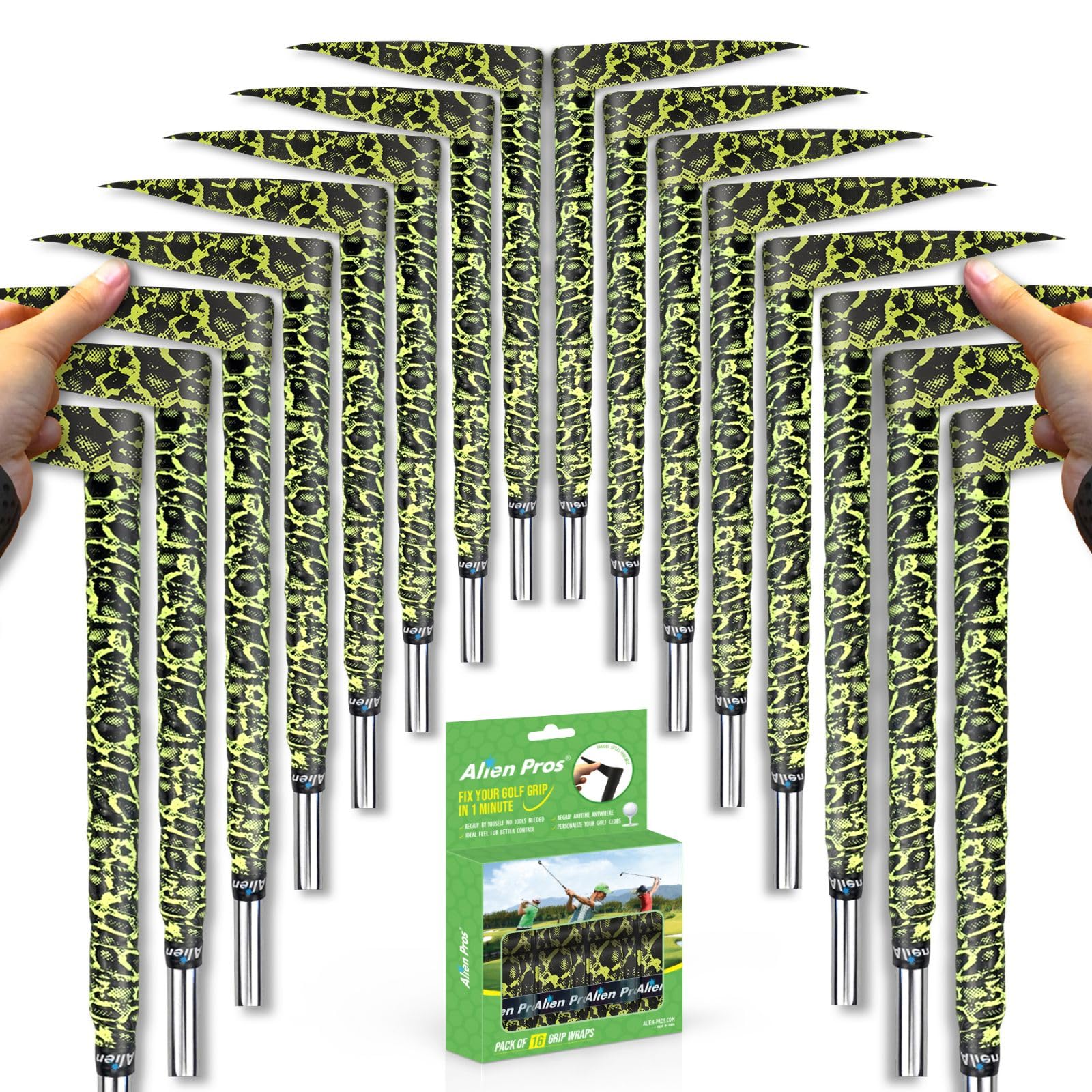 Alien Pros Golf Grip Wrapping Tapes (16-Pack) - Innovative Golf Club Grip Solution - Enjoy a Fresh New Grip Feel in Less Than 1 Minute (16-Pack, Yellow Lizard)
