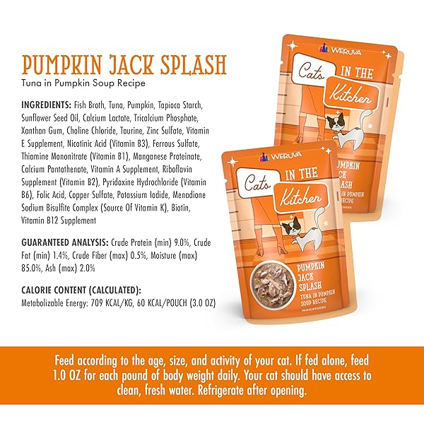 WERUVA CATS IN THE KITCHEN, PUMPKIN JACK SPLASH WITH TUNA IN PUMPKIN SOUP CAT FOOD, 3OZ POUCH (PACK OF 12)
