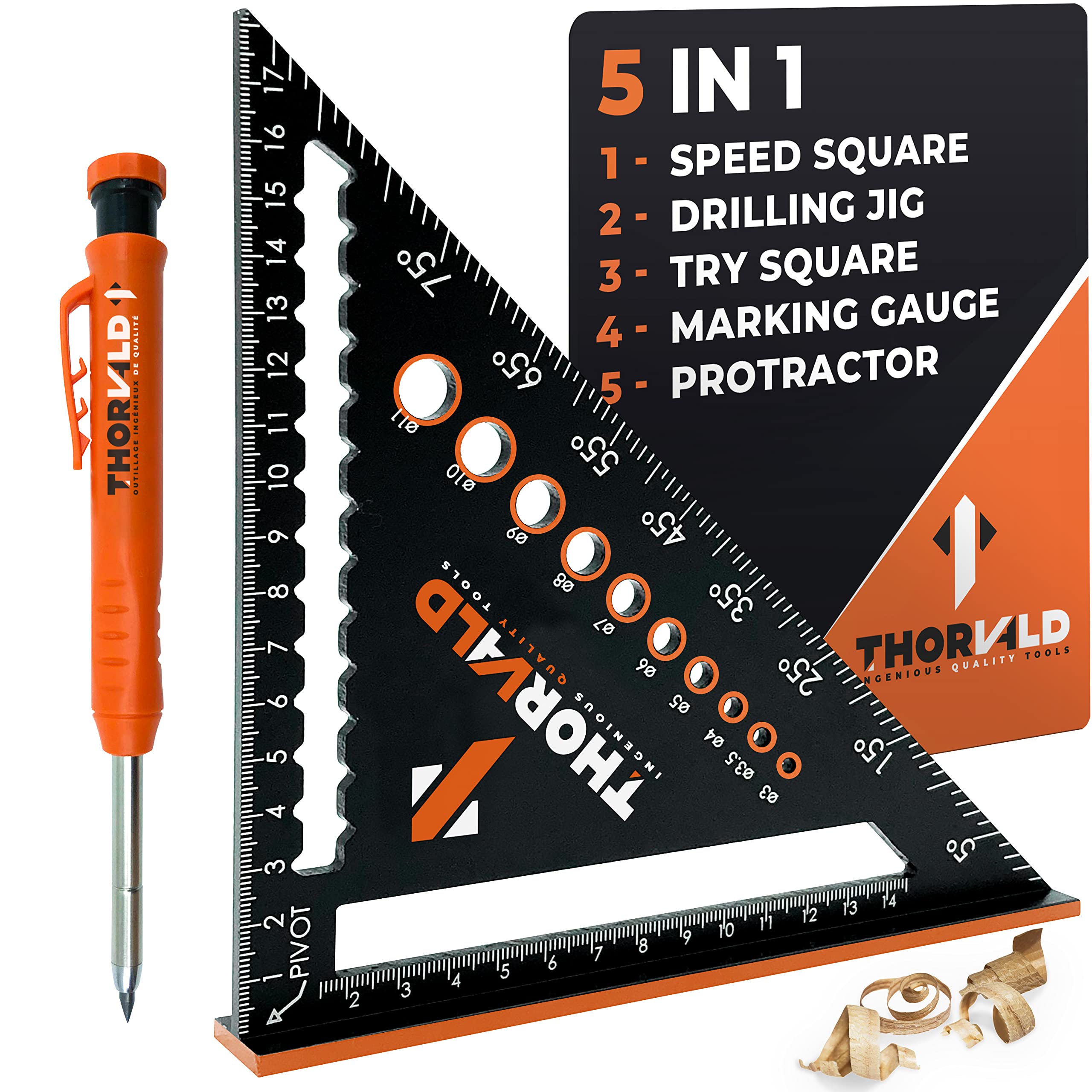 THORVALD 5 in 1 Speed Square 180 mm + Carpenter's Pencil - Multipurpose: Marking Gauge/ Protractor / Drilling Jig / Try Square - Aluminium - Time-Saving Tool