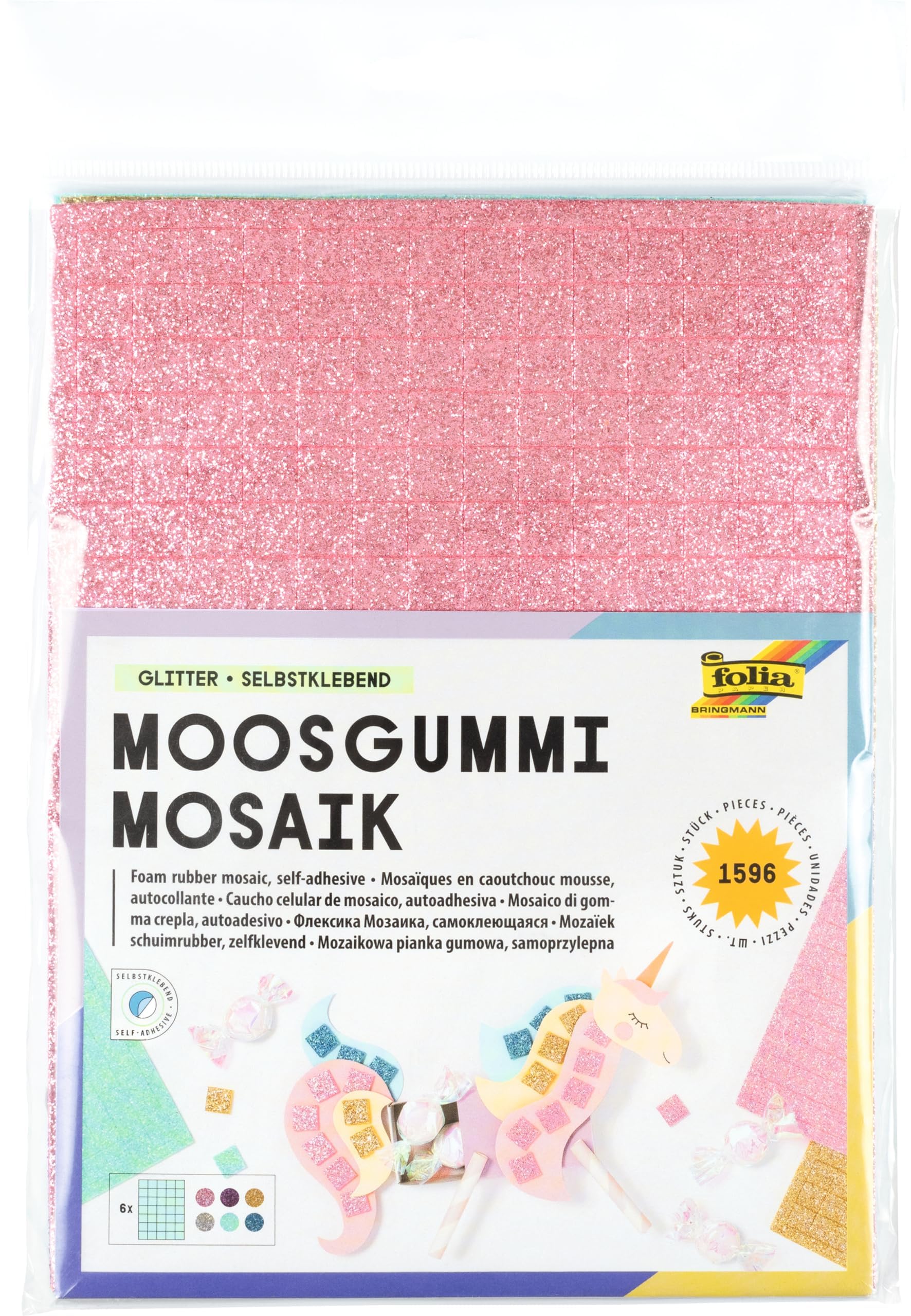 Folia 2365 Glitter Foam Rubber Mosaic Self-Adhesive 6 Sheets Approx. 15 x 20 cm, 2 mm thick, assorted colours, colourful