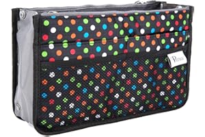 Periea Chelsy Purse Organizer Insert with Handles & 13 Pockets - 3 Sizes (Black with Multi-color Dots, Small)