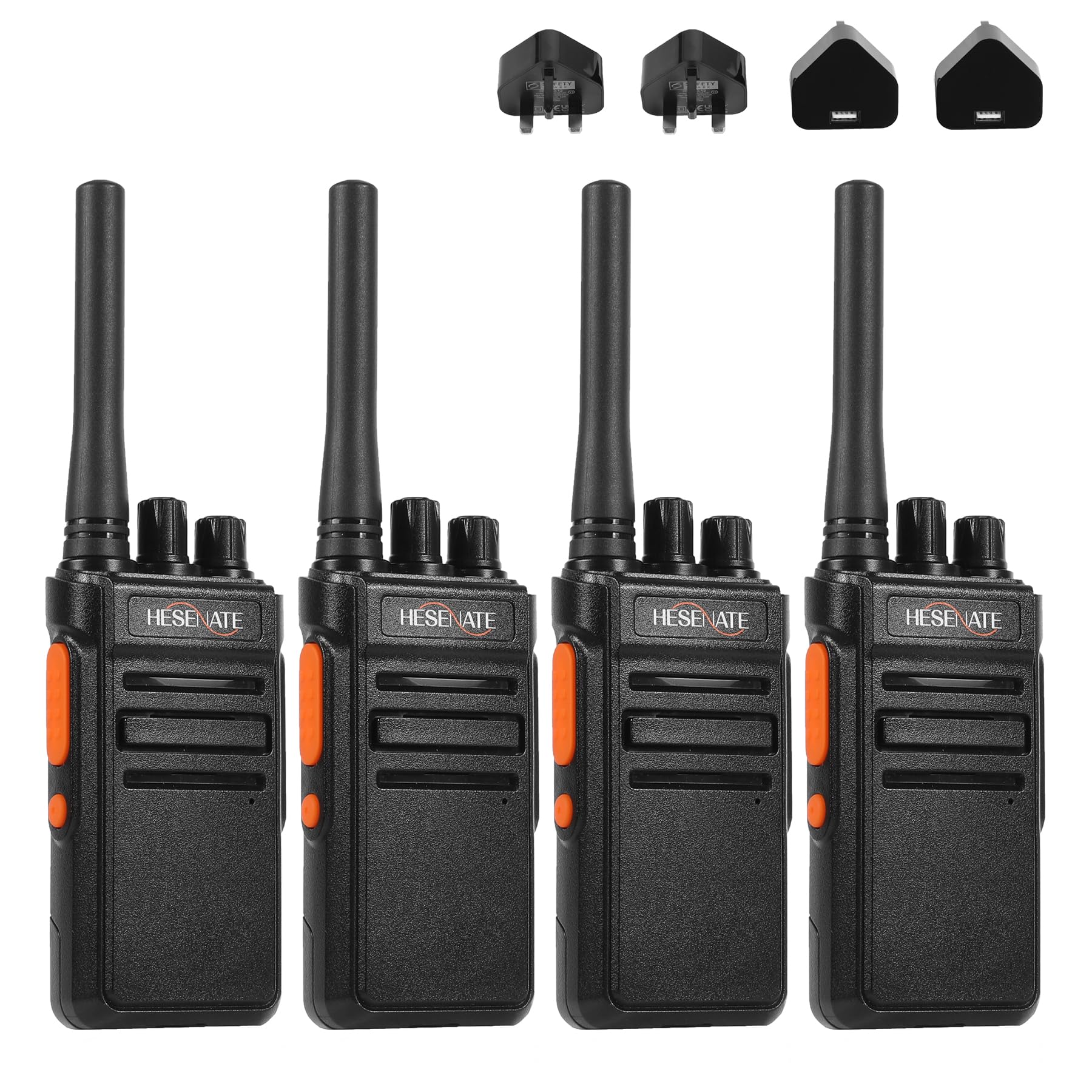 HESENATE HT66 Walkie Talkies for Adults, Long Range PMR446 Rechargeable Two-Way Radio with USB-C Charger, VOX, 16 Channels, 1200mAh Battery (4 Pack, Black) - Ideal for Family, Camping, Hiking & Work