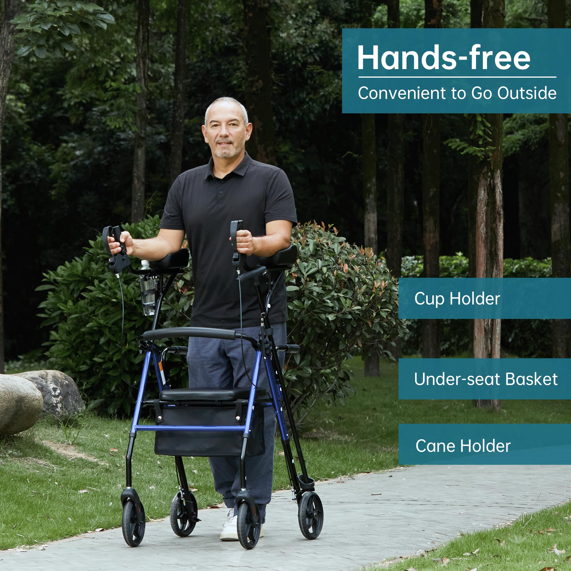 ELENKER Upright Walker, Stand Up Rollator Walker with Padded Seat and Backrest, Lightweight, Compact Folding, Fully Adjustment Frame for Seniors, Blue