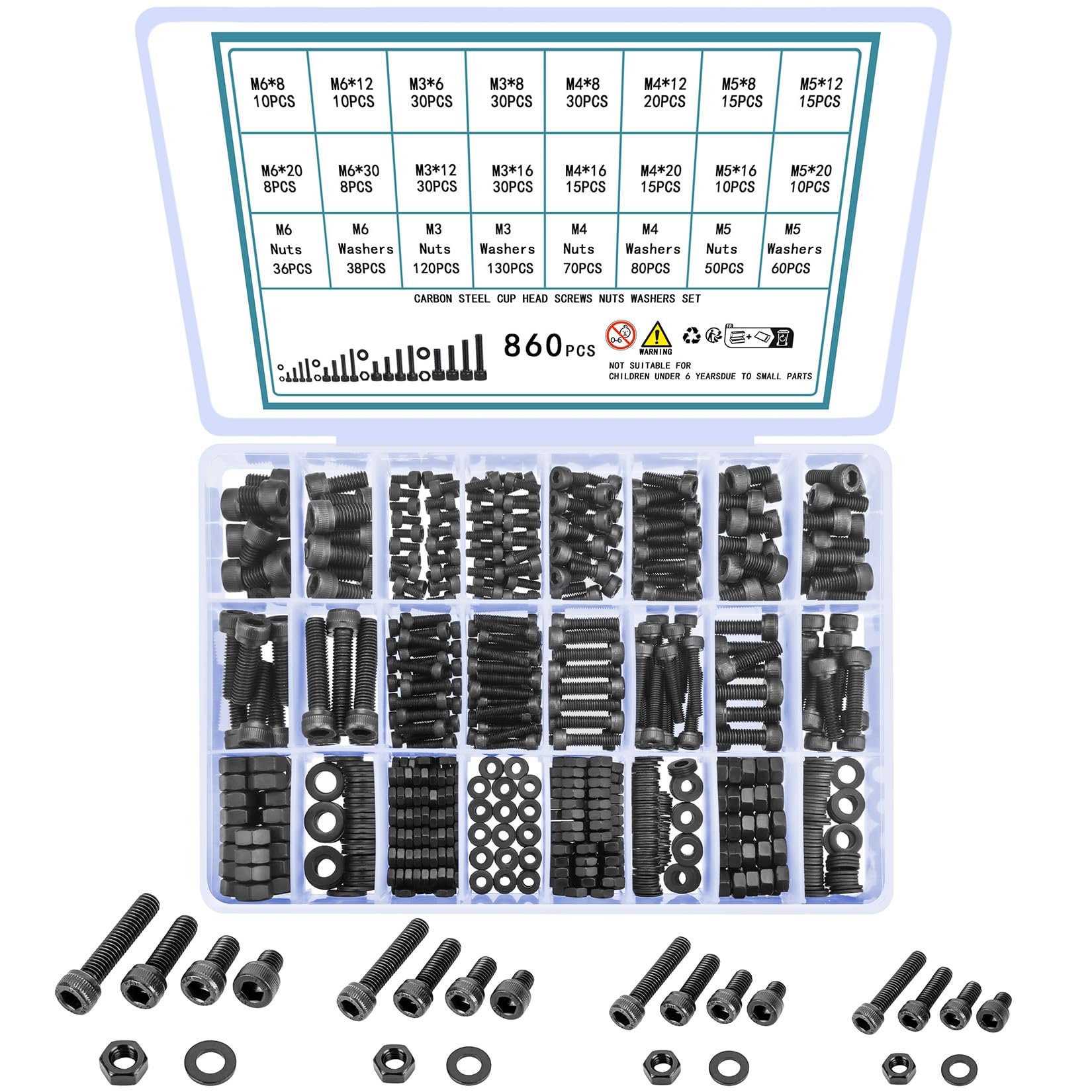 QOOSIKICC 860pcs M3 M4 M5 M6 Metric Screw Assortment KIt,Hex Socket Head Cap Screws Nuts and Bolts and Washers, Black Metric Machine Screws Nuts Bolts and Washers Assortment Set, Carbon Steel